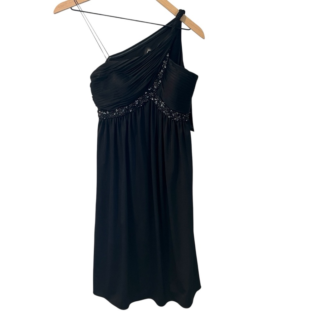Adrianna Papell Boutique Elegant Satin Black Beaded One-Shoulder Babydoll Dress